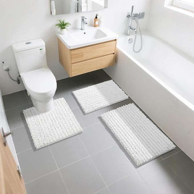 Yimobra Bathroom Rugs Non Slip Washable - Ultra Soft Absorbent Chenille Bath Mat, Quick Dry Shaggy Floor Carpet for Tub Shower, White Home Decor Accessories, 24x17 Inch