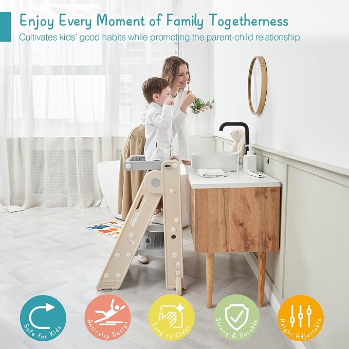 Forbena Foldable Toddler Tower Kitchen Learning Stool Helper, Montessori Kids Standing Tower for Counter, Collapsible Adjustable Baby Child Step Stool with Safety Net for Bathroom Sink (Grey)