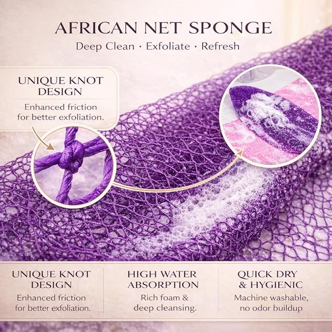 African Net Sponge Authentic, 3 Pieces African Exfoliating Net Sponge Body Back Scrubber Exfoliating Washcloth for Shower Bath for All Types (Pink+Purple+Green, 3 Pcs)