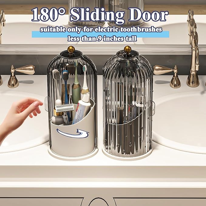 Toothbrush and Toothpaste Holders with Cover, Grey White | Waterproof and Dustproof, 360° Rotating Base, Smooth Sliding Door, 3 Slots, for Bathroom Countertop