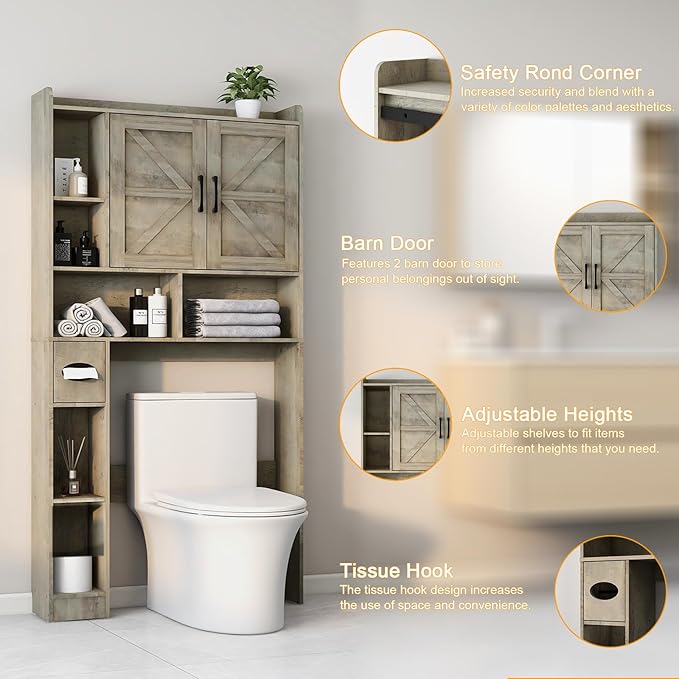 Vabches Over The Toilet Storage Cabinet, Farmhouse Storage Cabinet Over Toilet with 2 Barn Door & Toilet Paper Holder Stand，Home Space-Saving Toilet Rack, for Bathroom, Restroom, Laundry