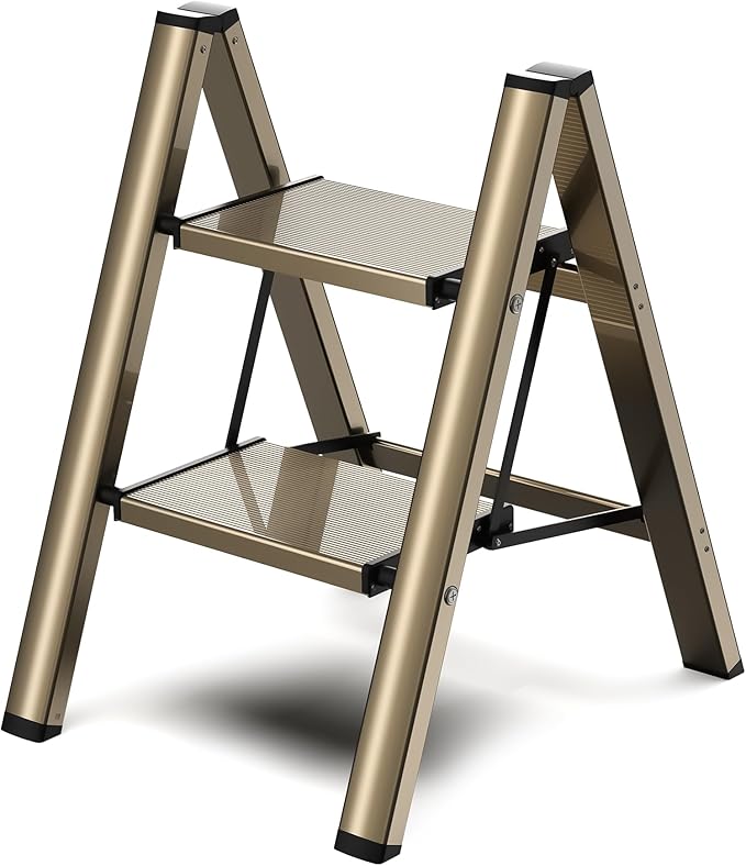 2 Step Ladder, Folding Step Stool with Wider Pedal, Anti-Slip Feet & Non Slip Stripes, Aluminum Sturdy Material, 300Lbs Capacity, Elegant Look of Champagne Gold Better Matches Your Home