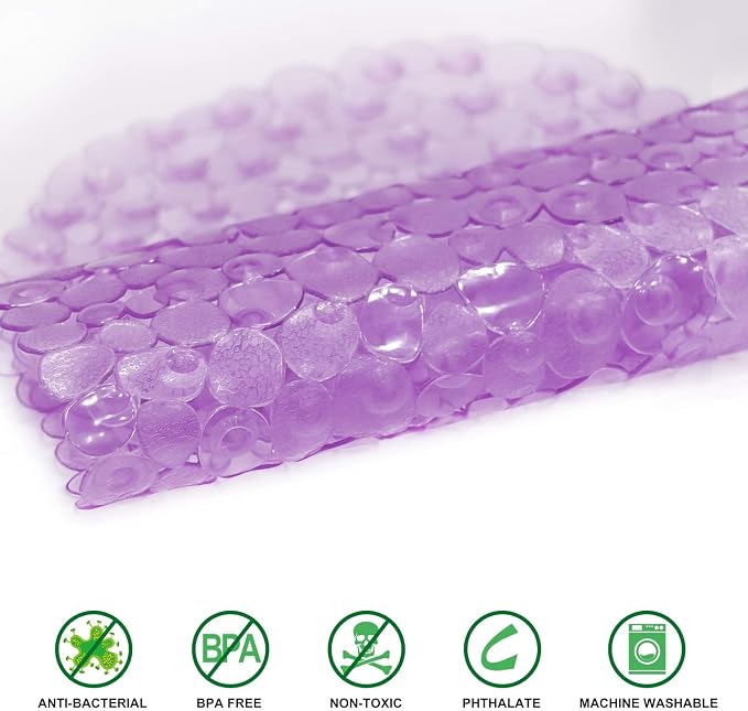 WELTRXE Pebbles Bath Mat Oval Non-Slip Bathtub Mat with Suction Cups, Drain Holes for Bathroom Showers, Tub, Machine Washable, BPA, Latex Free Safe Shower Mats, 27 x 14 Inch, Purple