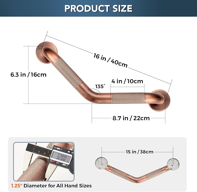 Grab Bars for Bathtubs and Showers- 1-1/4 x 16 Angled Shower Grab Bar for Seniors Knurled Stainless Steel Handicap Grab Bars for Wall (Antique Copper, 2 Pack)