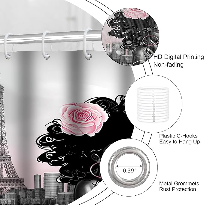 4Pcs Black Girls Bathroom Sets with Shower Curtain and Rugs, African Shower Curtain Set for Women, Eiffel Tower Pink Pattern Waterproof Fabric with 12 PCS Hooks, Cortina de baño Set completo
