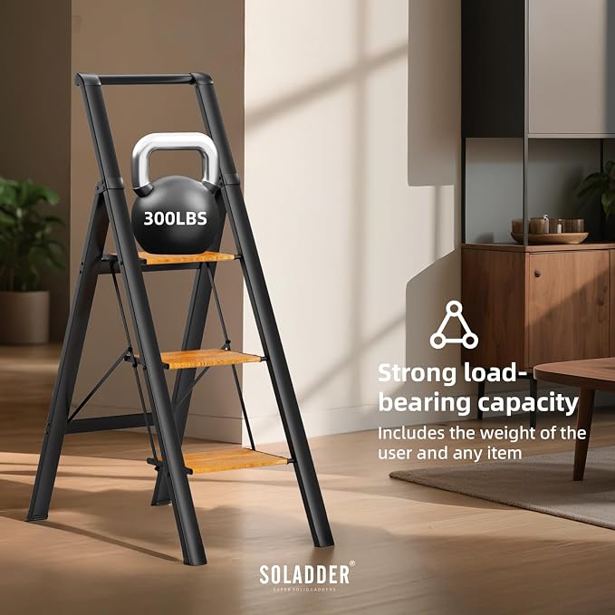 SOLADDER 3 Step Ladder with Handrails, Anti-Slip and Foldable Step Stool with Widen Pedals, Portable Stepladders for Home, Kitchen and Indoor, Space Saving -300lbs(Black+Woodgrain)