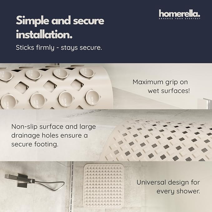 homerella® Shower Mat Non Slip Anti Mold, Non Slip Shower Mats for Inside Shower Stall Anti Slip Mat, Square Shower Floor Mat 21 x 21 in with Suction Cups & Hooks for Quick Drying, Machine Washable