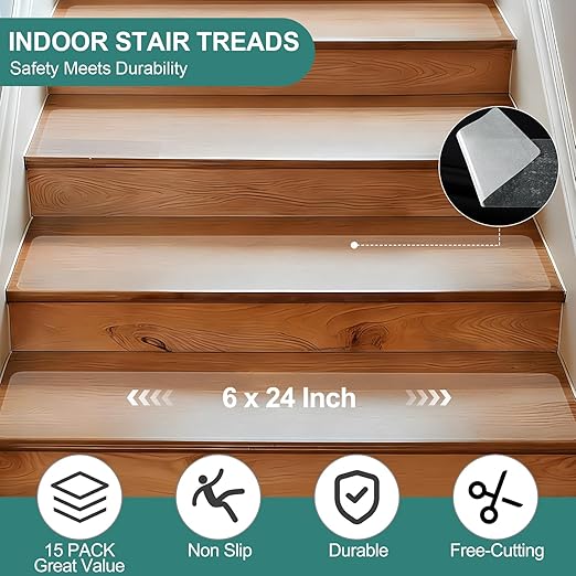 KOOTETA Clear Non Slip Stair Treads for Wooden Steps Indoor, 15 Pack 6" x 24" Pre-Cut Anti Slip Stair Strips for Wood Stairs, Grip Tape Transparent Step Tread Grips for Dogs Kids and Pets, Waterproof