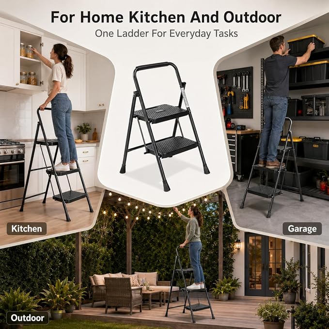 Simple Deluxe 3-Step Ladder, Heavy Duty, 800 lbs, Dark Brown Metal, Ready to Use, Foldable, Space-Saving, Non-Slip, Wide Platform