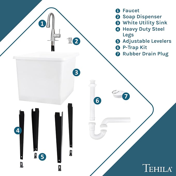 White Space Saver Utility Sink by JS Jackson Supplies, Freestanding Tehila Space Saving Laundry Tub, Stainless Steel Pull-Down Faucet, Soap Dispenser