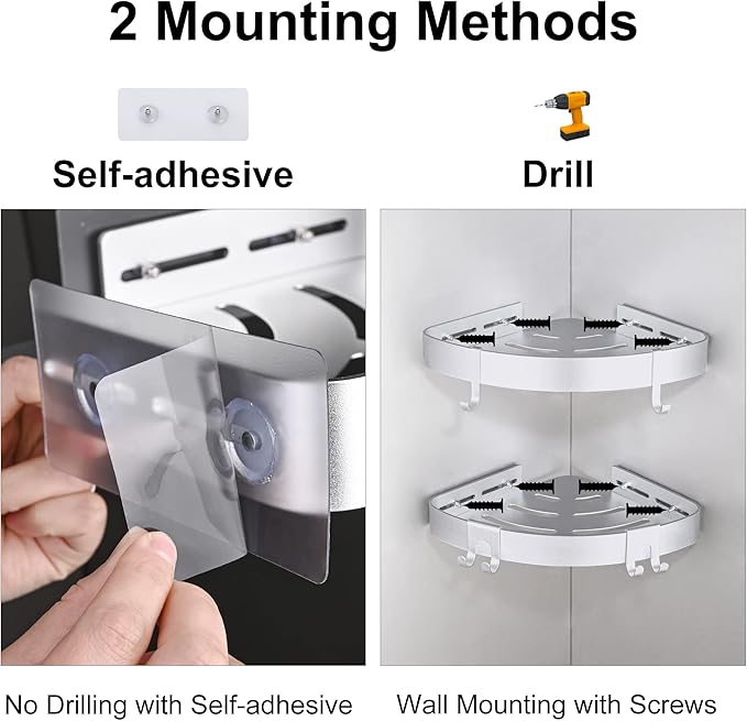 DUFU Adhesive Corner Shower Caddy with Hooks,Bathroom Shower Organizer, No Drilling Rust Proof Aluminum Shower Shelf for Inside Shower 2 Pack (Silver)