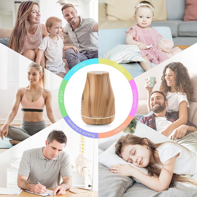 Aromatherapy Essential Oil Diffuser for Room: 100ml Air Humidifier Aroma Scent Cool Mist Diffusers Colorful Light Cute Mini Small Waterless Auto Off Ultrasonic for Home Bedroom (Yellow Wood Grain)
