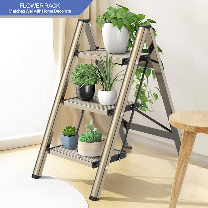3 Step Ladder, Aluminum Folding Step Stool with Anti-Slip Sturdy and Wide Pedal, Lightweight Portable Stepladder for Home and Kitchen Use Space Saving, Gold, 330 lbs