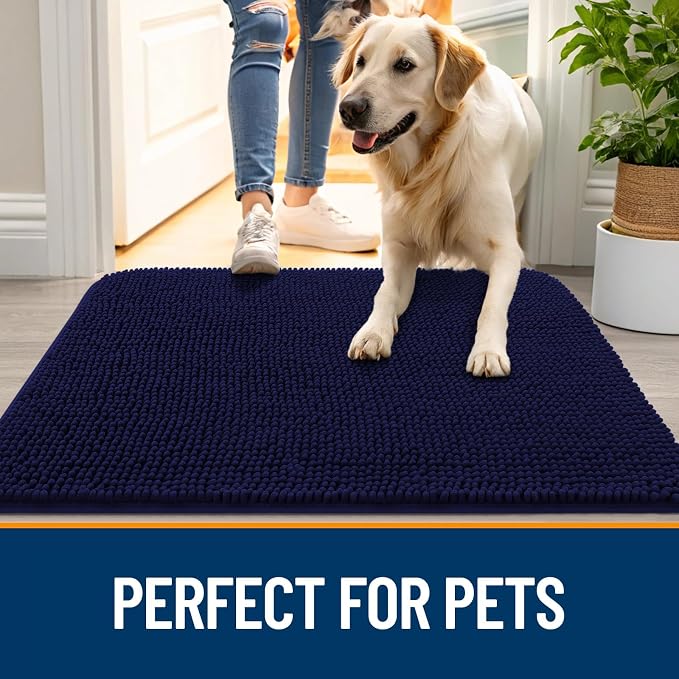 OLANLY Dog Door Mat for Muddy Paws 47x17, Absorbs Moisture and Dirt, Absorbent Non-Slip Washable Doormat, Quick Dry Chenille Mud Mat for Dogs, Entry Indoor Entryway Carpet for Inside Floor, Navy Blue
