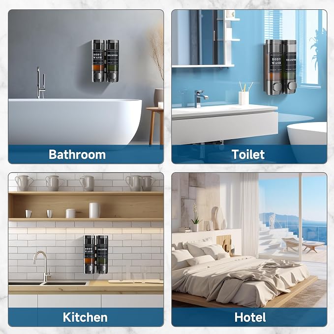 2-Chamber Wall-Mounted Shower Soap Dispenser for Shampoo and Conditioner - No Drill, Large Capacity Bathroom Dispenser for Hotel - Gun Gray