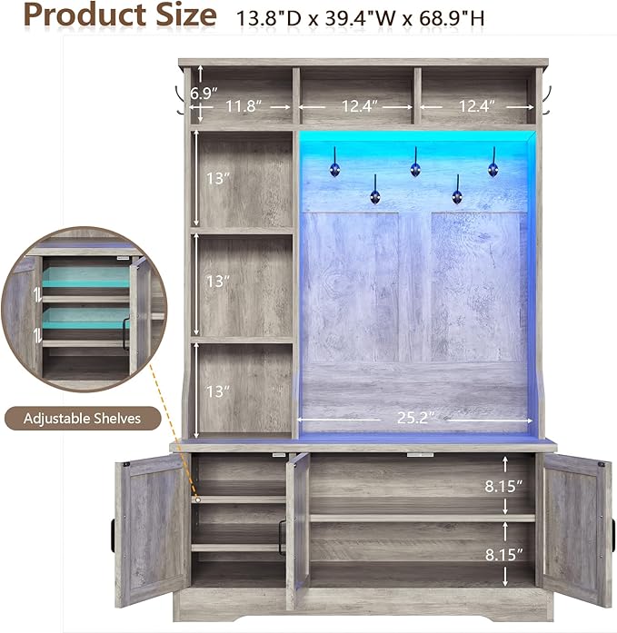 CSZZD Hall Tree with Bench and Shoe Storage, Farmhouse Entryway Bench with Coat Racks and Led Lights, Tall Hall Tree with 7 Coat Hooks, 6 Storage Cubbies, Adjustable Shelf, Gray