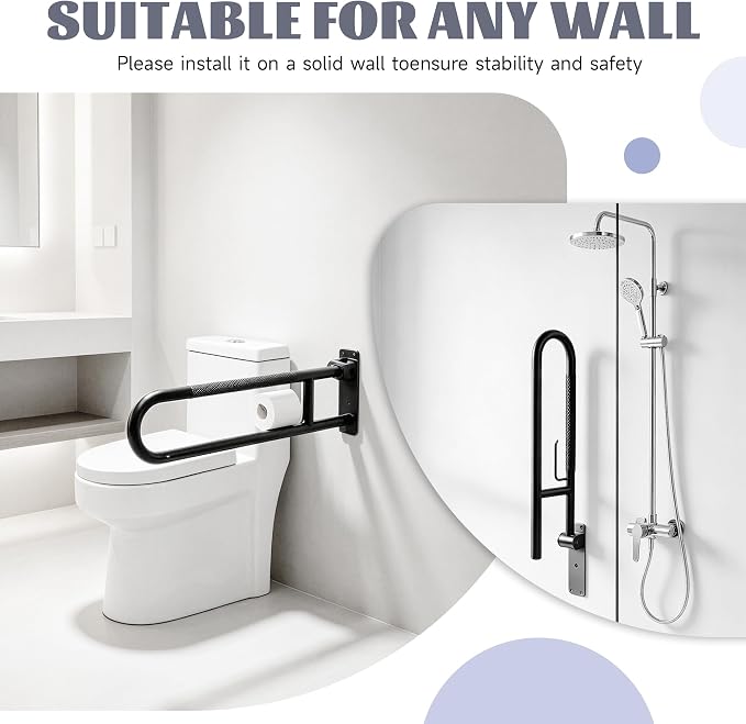 22.5 Inch Toilet Grab Bar, HUAS Black Anti Slip Bathroom Toilet Safety Rails, U Shaped Flip-Up Handicap Grab Bars w/Paper Holder, Stainless Steel Support Handrail for Elderly Disabled Senior