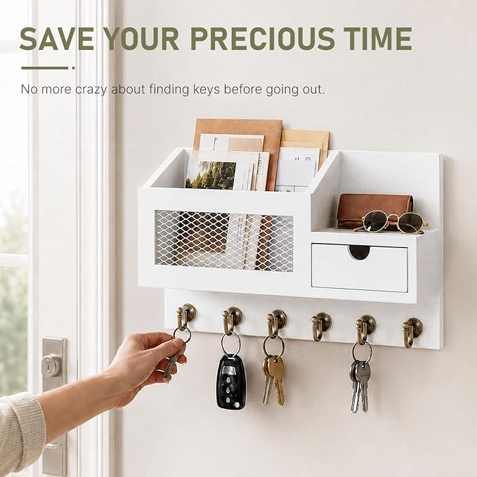 FifthQuarter Key and Mail Holder for Wall, Mail Organizer Wall Mount with 6 Hooks and Storage Drawer, Easy Installation Key Rack for Entryway and Home Decor (B-White)