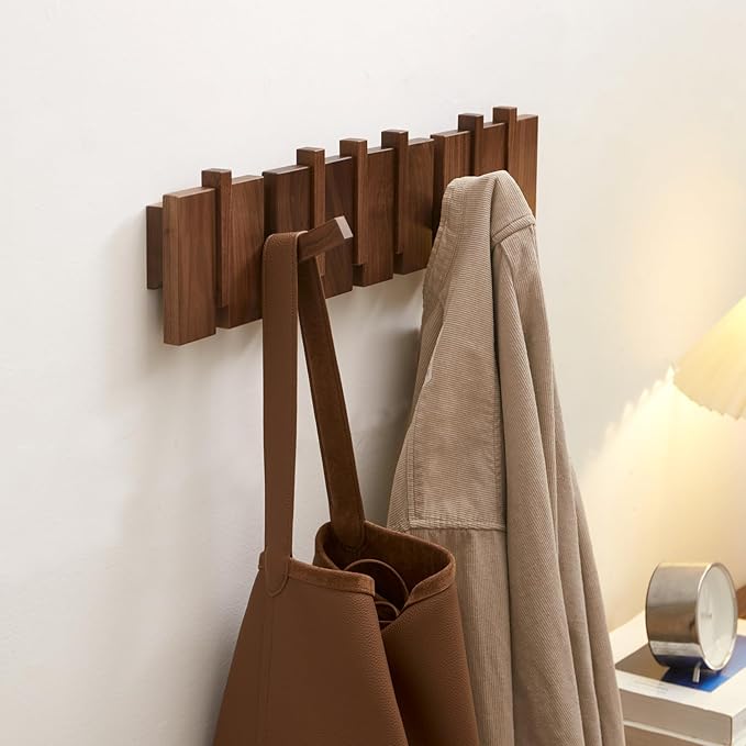 QUELLANCE Wood Coat Rack Wall Mount, Coat Hooks Hanger Wall Mounted, Heavy Duty Wall Coat Rack with 6 Hooks for Hanging Coats/Keys/Hats/Robe&Towels/Plants/Bags, Walnut