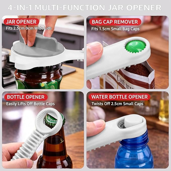 New 4-in-1 Retractable Jar & Bottle Opener, Adjustable Stainless Steel Lid Remover with Non-Slip Grip for Seniors,Multi-Functional Jar Opener with Ergonomic Handle for Kitchen Jars Cans Bottles(Brown)