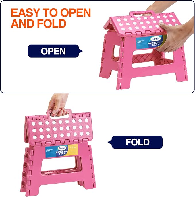Korpai 9" Folding Step Stool for Adults and Kids Holds Up to 300 lbs,Non-Slip Folding Stools with Portable Handle, Compact Plastic Foldable Step Stool for Bathroom,Bedroom, Kitchen,Pink,1PC