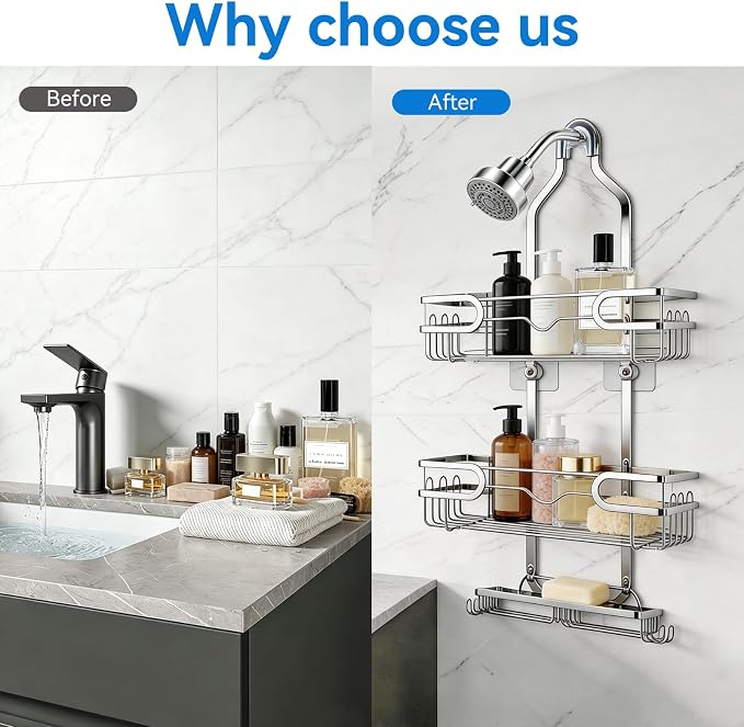 Shower Caddy Hanging, Over Head Shower Caddy Shower Storage Rack Basket with Hooks for Razor and Sponge Rustproof, No Drilling, Accessories for Bathroom and Kitchen, Chrome