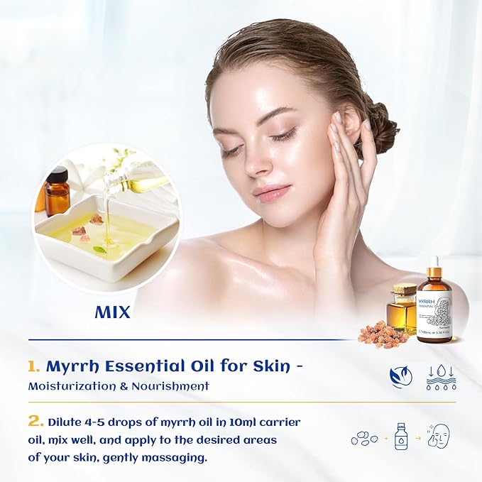 HIQILI 100ML Myrrh Essential Oil for Skin, Diffuser & Candle, 100% Pure and Natural - 3.38 Fl Oz