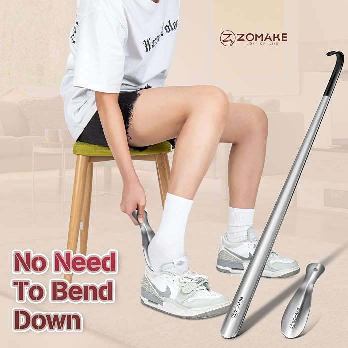 ZOMAKE Shoe Horn Long Handle for Seniors Men Women,Metal Long Shoehorn Boot Horn,16.5" Stainless Steel Shoe Spoon Helper