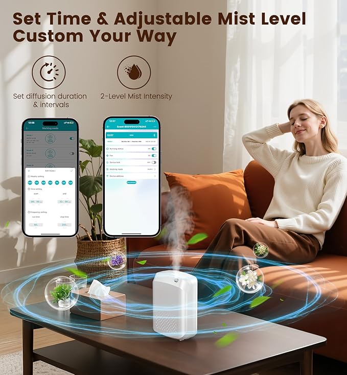 XEITIN Waterless Essential Oil Diffuser 3000 Sq.Ft Coverage for Large Home Hotel Office, 400ml Cold Air Scent Machine, Bluetooth App Control, No-Noise Aroma Diffuser Wall Mount Gift for Her