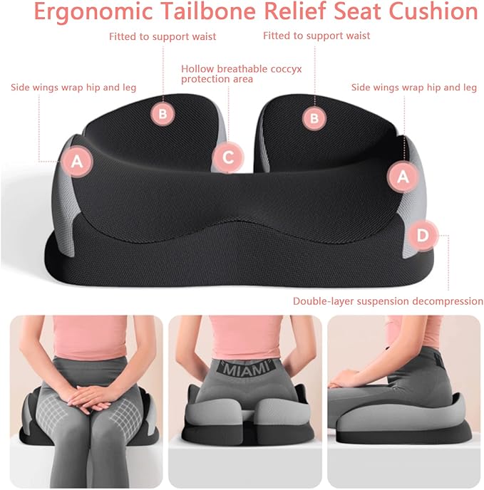 Seat Cushions for Office Chairs Wheelchair Cushion for Long Sitting Back Pain，Memory Foam Seat Car Computer Desk Chair Cushion，Coccyx Cushion for Tailbone Pain Relief Cushion Office Chair Black
