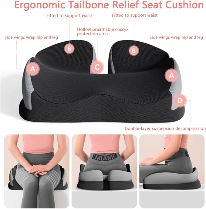 Seat Cushions for Office Chairs Wheelchair Cushion for Long Sitting Back Pain，Memory Foam Seat Car Computer Desk Chair Cushion，Coccyx Cushion for Tailbone Pain Relief Cushion Office Chair Charcoal