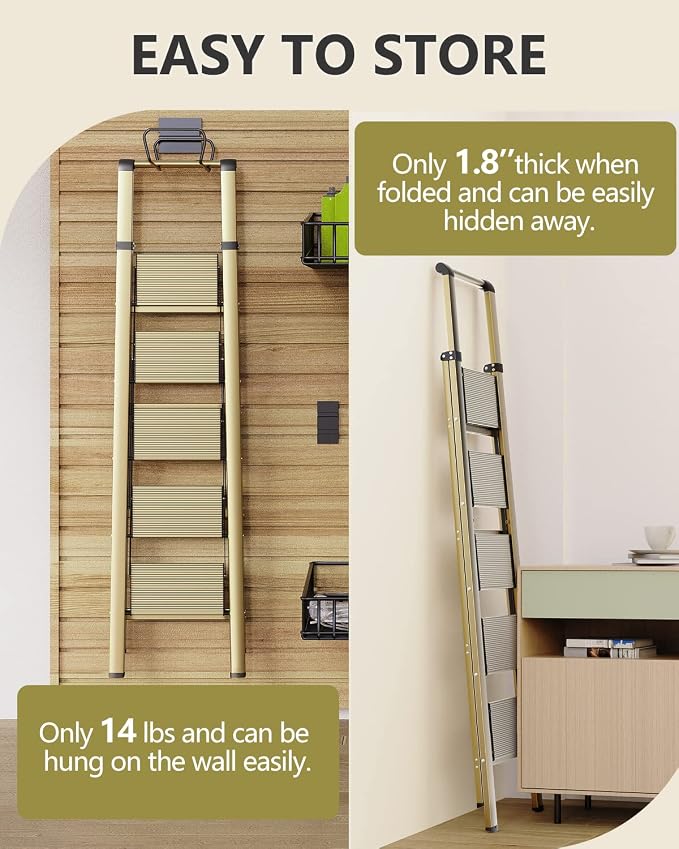 WOA WOA 5 Step Ladder, Ladders for Home, Anti-Slip Pedals, Aluminum Step Stool Foldable, Lightweight to Move, Ease of Storage, Reach 10ft for Closet Kitchen Library, Hold 300lbs - Gold