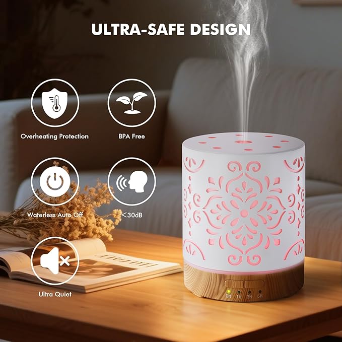 EQUSUPRO Essential Oil Diffuser 300ML Metal Aromatherapy Diffuser for Home with Auto Shut-Off & 4 Timers, Ultrasonic Humidifier with 7 Colors Lights for Large Room, Home Office Décor