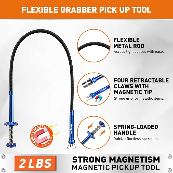 HORUSDY 4PCS Telescoping Magnetic Pick Up Tool Kit, Magnetic Sweepers Set with 360° Inspection Mirror, 2 Telescoping Magnetic Pickup Tools (5–25.6/6.9–29.5 in) & 24 in Flexible Claw Grabber