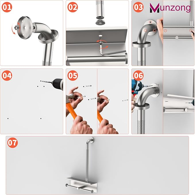 Bathroom Grab Bar with Shower Shelves,Munzong Toilet Paper Holder 3 in 1 Bathroom Organizers and Storage, Anti Slip Stainless Steel Safety Hand Rail for Handicap Elderly Senior Assist