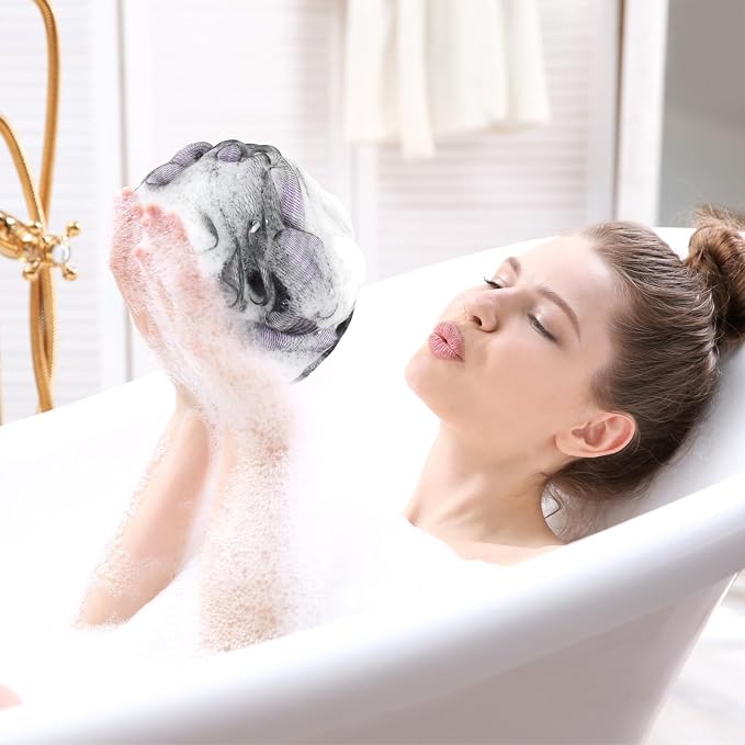 BCKENEY Bath Loofah Shower Sponge Body Back Scrubber Soft Mesh Shower Puffs Exfoliating Loofa for Women & Men Bath Accessories Cleaning Tool (Pack of 4 60G Loofah, Dark Elf)
