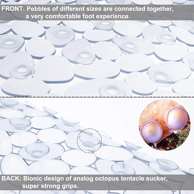 TEESHLY Bath Tub and Shower Mats, Non-Slip Pebble 35 x 16 Inches Machine Washable Bathtub Mat with Drain Holes, Suction Cups for Bathroom (Clear)