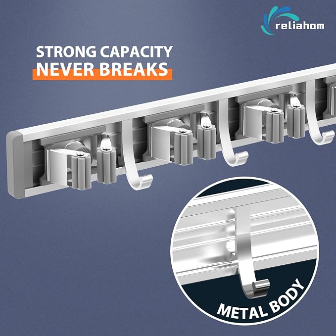 reliahom Broom Holder Wall Mount, 5 Racks with 4 Hooks Silver - Mop Storage Tool Racks, Broom Hanger Tool Organizer for Garage, Kitchen, Garden, Laundry Room