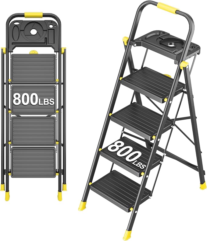 4 Step Foldable Step Ladder with Mutifunctional Tool Tray, Platform Ladders Stepstools, Step Stool 4 Step Folding with Non-Slip Pedals, 800lbs Bearing Capacity for Adults, Home, Kitchen, Black Yellow