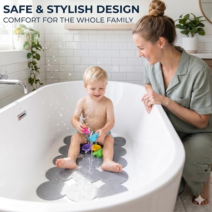 Webos Patented Non Slip Bathtub Mat Shower Mat Bath Mat Tub Mats with Strong Suction Cups Soft Natural Rubber Bath Mat for Inside The tub (Circle-Grey, 28x16 inch)