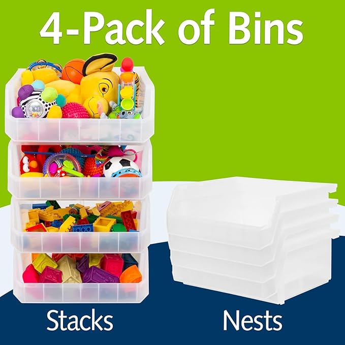 ReadySpace Extra Large Plastic Storage Bins, Stackable Organizer Containers for Closet Pantry Shelf Garage and Office Organization, Clear, 4 Pack