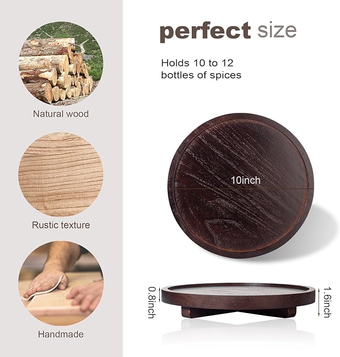 Round Decorative Tray Wood Bathroom Counter Organizer Farmhouse Kitchen Decor Wooden Riser for Soap Dish, Perfume, Candle, Sponge, 10" - Walnut