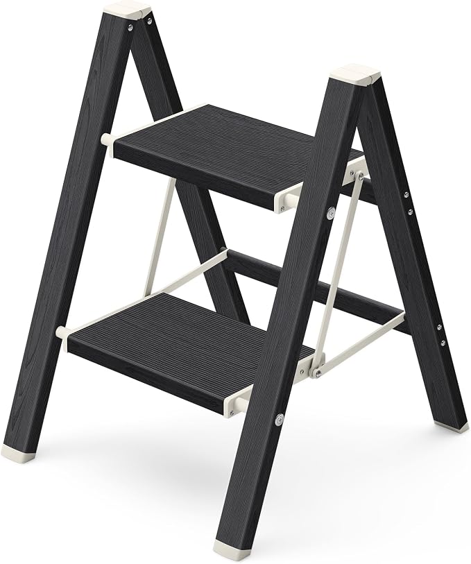 Mayi Plus 2 Step Ladder,Aluminum Folding Step Stool for Adults,Step Ladder with Wide Anti-Slip Pedal,330 lbs Capacity for Home,Kitchen,Library,Office(Ebony Woodgrain)