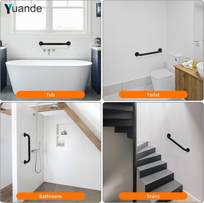 20 Inch Anti Slip Shower Grab Bar, YuanDe Black Stainless Steel Bath Grab Bar, Knurled Bathroom Safety Rail, Shower Handrail Support, Handicap Elderly Balance Assist Handles-1.25" Diameter