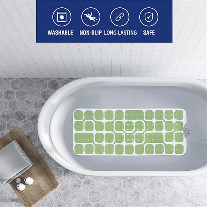 Bathtub Mat Non Slip 40x16 Inch Extra Long Bath Mat, Green Modern Art Shower Mat Non Slip Bath Mat for Tub Anti Slip with Large Drain Holes and Suction Cups,Geometric Design Bathroom Mat for Decor