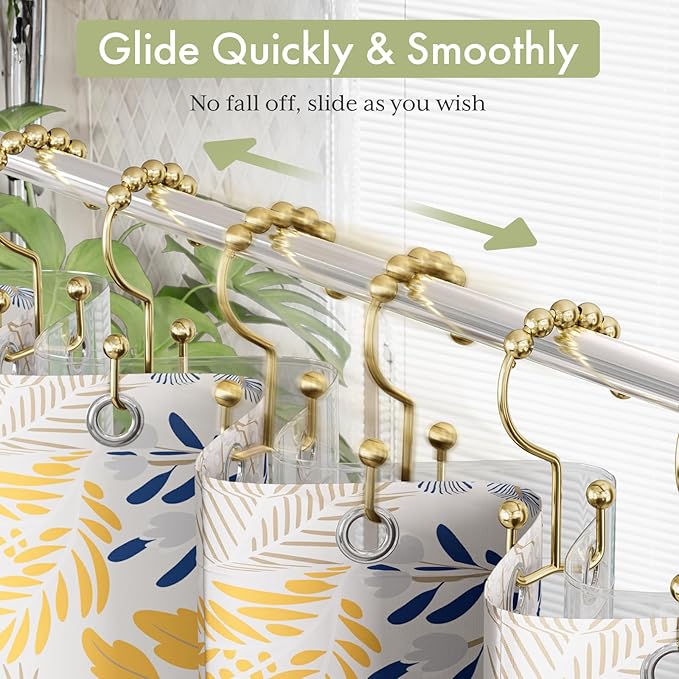 Amazer Gold Shower Curtain Hooks Rings, Stainless Steel Shower Curtain Rings, 12Pcs Double Glide Shower Hooks for Bathroom Shower Curtain Rods Dual Rust-Resistant Shower Rings