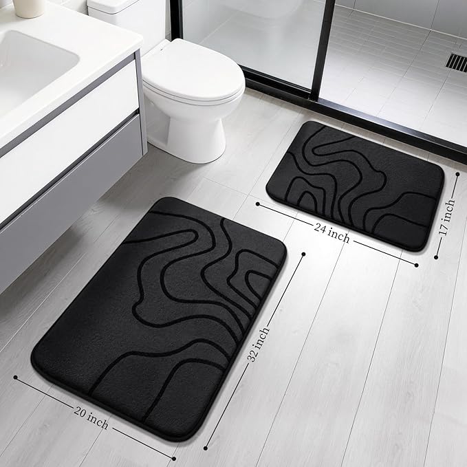 YIHOUSE Memory Foam Bathroom Rugs Sets 2 Piece - Extra Thick Ultra Soft Absorbent Bath Mat Set, Non-Slip Machine Washable Bath Rugs for Bathroom, Tub & Shower, Home Decor (32"x20"+24"x17", Black)