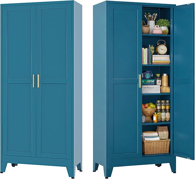 Bevivog Metal Kitchen Pantry Cupboard Cabinet, 71" Blue Storage Cabinets with 2 Doors and 4 Adjustable Shelves for Kitchen/Home Office/Dining Room/Living Space