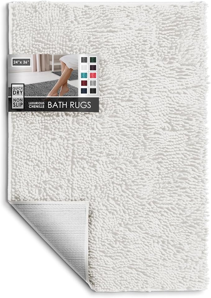 Hearth & Harbor Bathroom Rugs, Chenille Bath Mat - Machine Washable Bath Mats for Bathroom Non-Slip Backing Rubber, Quick Dry Bathroom Mat - White 24x36