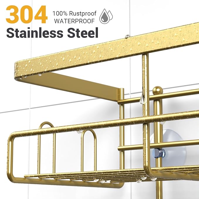 AKTECKE Shower Caddy Hanging Bathroom Organizer: Rustproof Shelf for Inside Shower - No Drilling Racks Over Showerhead - Bath Shelves for Shampoo Soap Gold